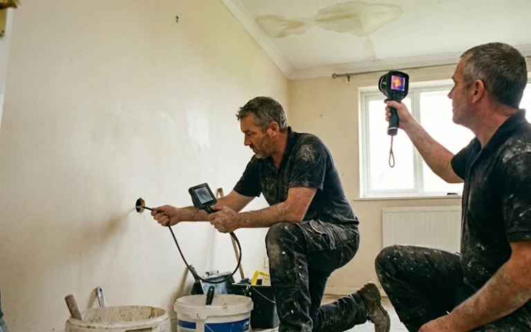 2 Kollegen prüfen per Leckageortung mit Kamera das Leck